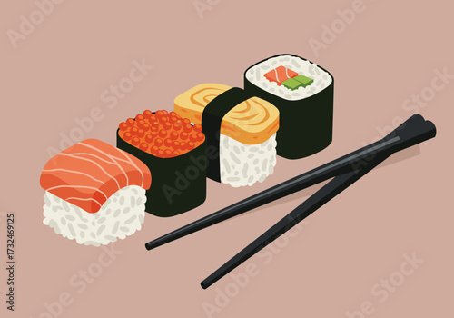 Sushi preparation and presentation japanese cuisine food minimalist environment top-down view culinary concept