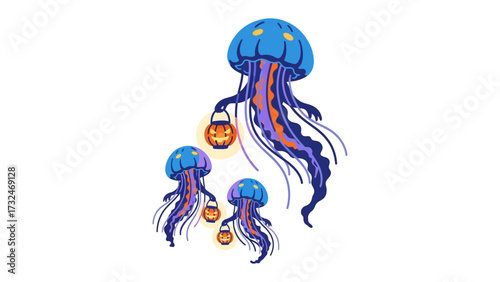 Halloween Jellyfish with Pumpkin Lanterns: A whimsical depiction of colorful jellyfish, each carrying a carved pumpkin lantern, floating serenely in an ethereal underwater realm.