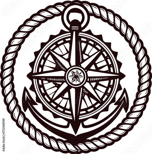 Vintage nautical compass rose and anchor emblem surrounded by rope detailed monochrome marine illustration