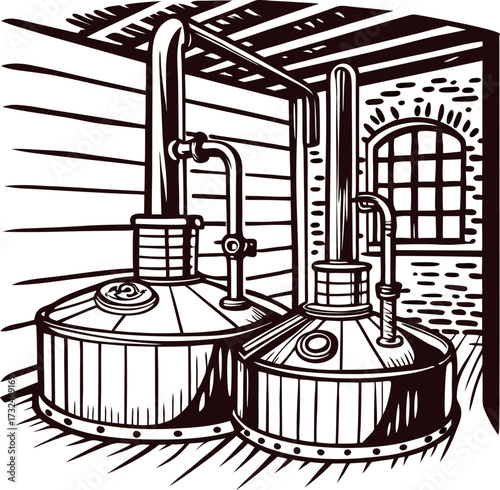 Vintage engraved drawing of copper alembic stills in old distillery interior with wooden walls and arched window