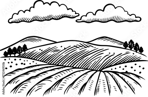 Hand drawn rural landscape with fields, hills, trees, and clouds in vintage engraved black and white illustration
