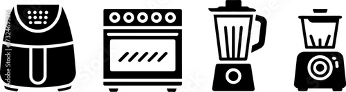 An illustration depicts kitchen appliances including an air fryer, oven, and blenders.