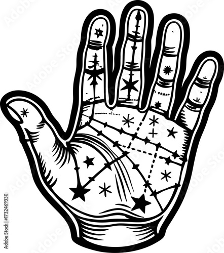 Palmistry hand illustration with detailed star and constellation patterns in black ink engraving