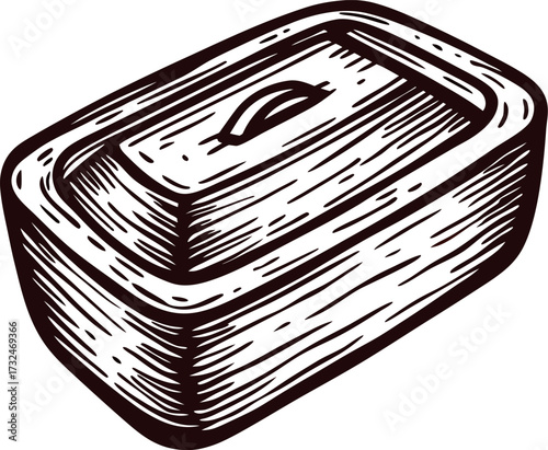 Hand drawn butter dish with lid in vintage engraved isolated on white background illustration
