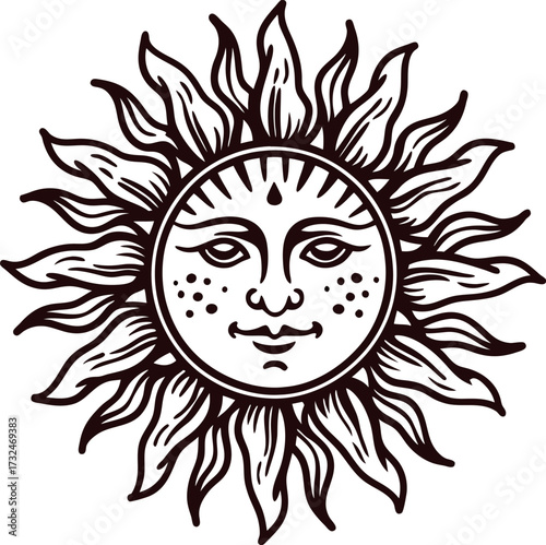 Hand drawn vintage sun face with detailed rays and ornamental design, engraved celestial illustration