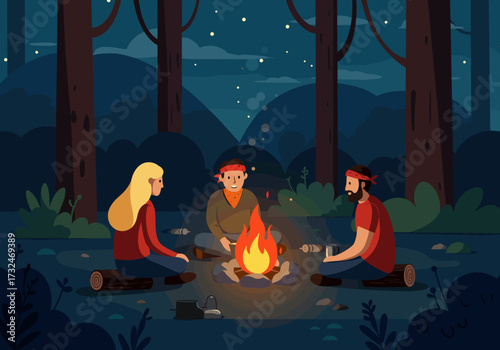 Campfire gathering under the stars forest digital nighttime adventure and friendship