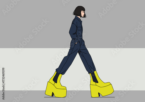 Fashionable walking animation urban setting digital minimalist environment side view contemporary concept