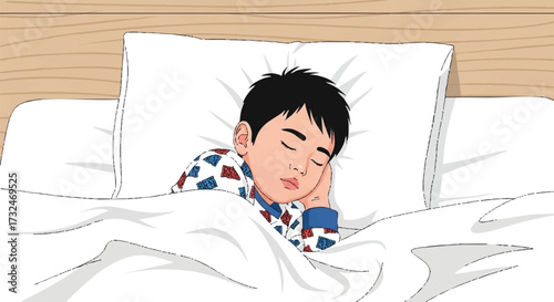 A Sleeping Boy in Bed, Peacefully Dreaming Under a White Duvet