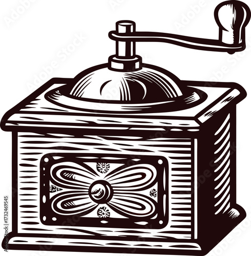 Hand drawn vintage manual coffee grinder illustration in woodcut with ornate detailing and crank handle