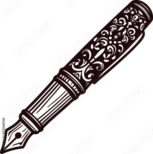 intricately decorated vintage fountain pen illustration with ornate floral patterns and classic nib design