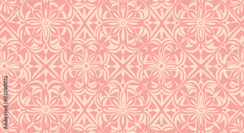 Floral pattern, repeated blooms in connected diamond grid, pink & cream