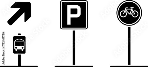 Collection of traffic signs indicating directions, parking, and bicycle routes.