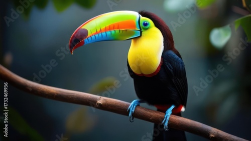 Vibrant Toucan Perched on Branch, Tropical Rainforest Ambiance, Detailed Feather Texture