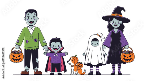 Halloween Family Costume Party: A spooky yet fun-loving family, dressed in creative Halloween costumes from a vampire to a ghost, poses with their costumed dog.