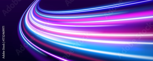 High-speed motion trails in vibrant neon colors swirl against a dark futuristic backdrop. Light curves suggest advanced connectivity and rapid communication. A digital race unfolds.