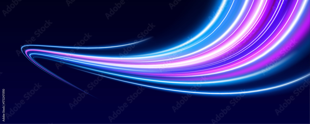 Obraz premium Vibrant neon paths streak across the scene like laser beams on a high-tech roadway. Curved lines add dynamic motion and futuristic elegance. Energy flows in every direction.