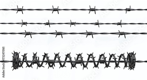 Set of Barbed and Razor Wires Displayed Side by Side on White Background Showing Twisted Strands and Sharp Blade Coils
