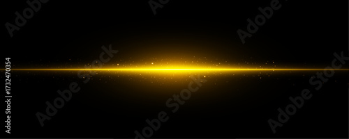 A luminous golden arc glides smoothly across a black surface, surrounded by dust and flare. The curved shape adds harmony and balance. A decorative digital glow effect.