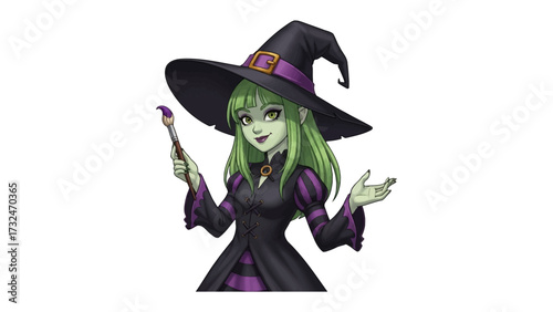 Enchanting Witch Illustration: A captivating depiction of a witch, adorned in a classic hat and elegant attire, brandishing a brush with an air of mystery and magic.