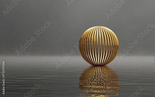 Golden sphere with vertical bars, reflection in water, gray backdrop