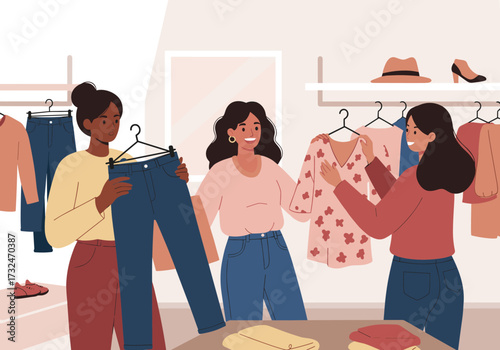 Fashion shopping experience women trying on clothes in boutique modern store friendly atmosphere group interaction