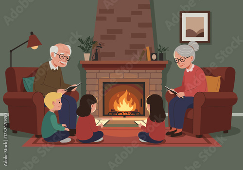 Storytime by the fireplace grandparents reading to children in a cozy living room setting