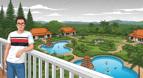 Man overlooking tropical resort and swimming pools