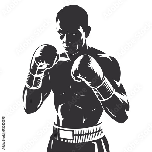 Fighter silhouette in boxing stance with gloves raised vector illustration