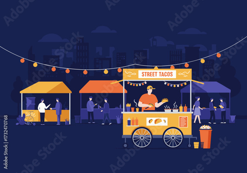 Street tacos food stall urban market digital nighttime atmosphere vibrant colors