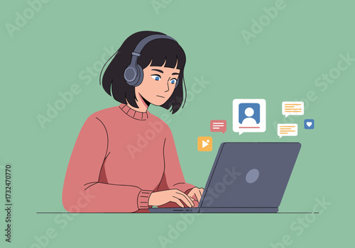 Studying online young woman engaged with laptop digital communication cozy home environment focused perspective
