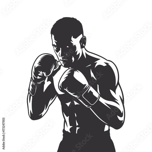 Fighter silhouette in boxing stance with gloves raised vector illustration