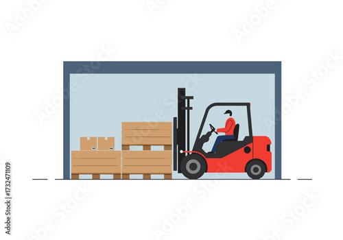 Forklift operation in warehouse industrial environment focused viewpoint on logistics