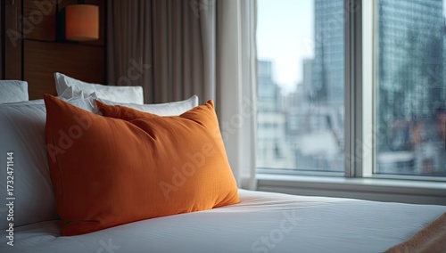 Hotel bed with an orange pillow, cityscape view in the background