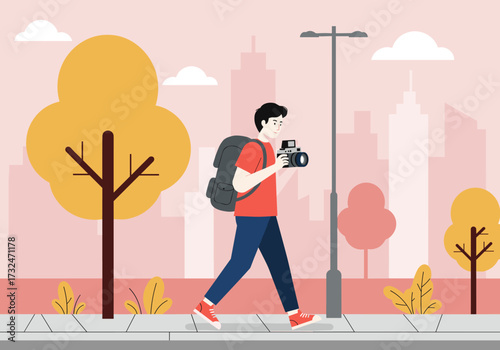 Capturing city life photographer walking in urban environment daytime creative concept