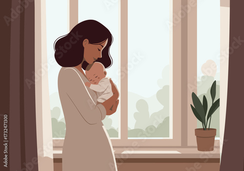Emotional mother holding baby cozy home digital warm lighting intimate viewpoint family bonding