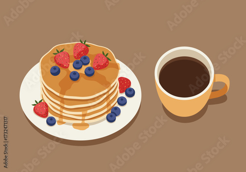 Delicious pancakes with berries and coffee breakfast table food cozy setting top view comfort food