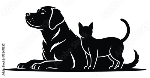 Black and white silhouette of dog and cat in relaxed pose, symbolizing pet companionship, care, and veterinary or adoption services