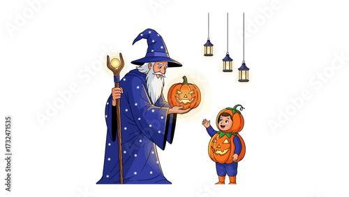 Magic Halloween Scene: A whimsical scene unfolds as a wizard bestows a magical glowing pumpkin to a child in a pumpkin costume, illuminated by hanging lanterns.