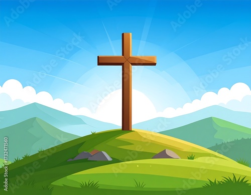Wooden cross atop a grassy hill under a vibrant sky
