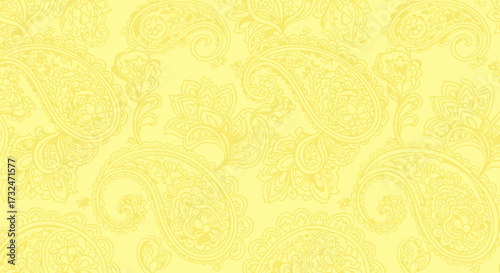 Yellow backdrop of paisley motifs, repeating pattern, flat design