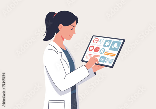 Healthcare professional using tablet for patient data management clinic digital interaction medical environment side view technology