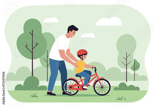 Father teaching child to ride bicycle in green park illustrative peaceful environment cheerful viewpoint