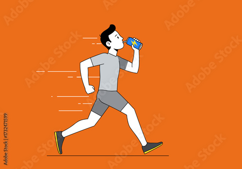 Running athlete hydrating with drink urban setting dynamic environment side view fitness concept