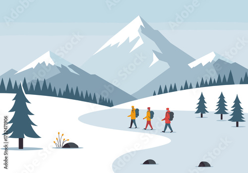 Hiking adventure in snowy mountains scenic landscape digital winter wonderland outdoor exploration