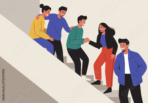 Group of friends enjoying togetherness on stairs indoor setting illustrative casual atmosphere engaging perspective