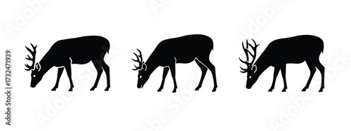 Grazing deer silhouette vector icon set.