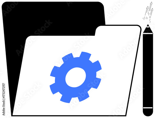 Open folder with gear icon and pencil symbolizing organization, settings, system updates, and creative tools. Ideal for technology, management, administration, design, workflow education simple