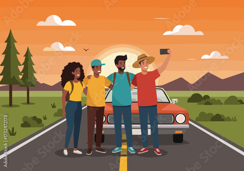 Friends taking a selfie on a road trip at sunset outdoor adventure scenic landscape joyful moment