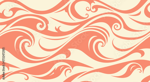 Swirling, coral-colored waves on a cream background. Smooth, flowing, repeat pattern