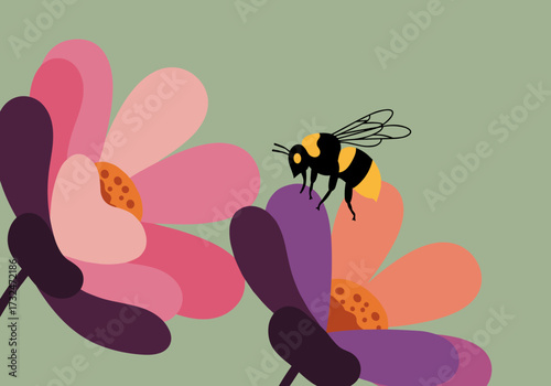 Bees pollinating colorful flowers nature scene graphic vibrant environment view pollination concept
